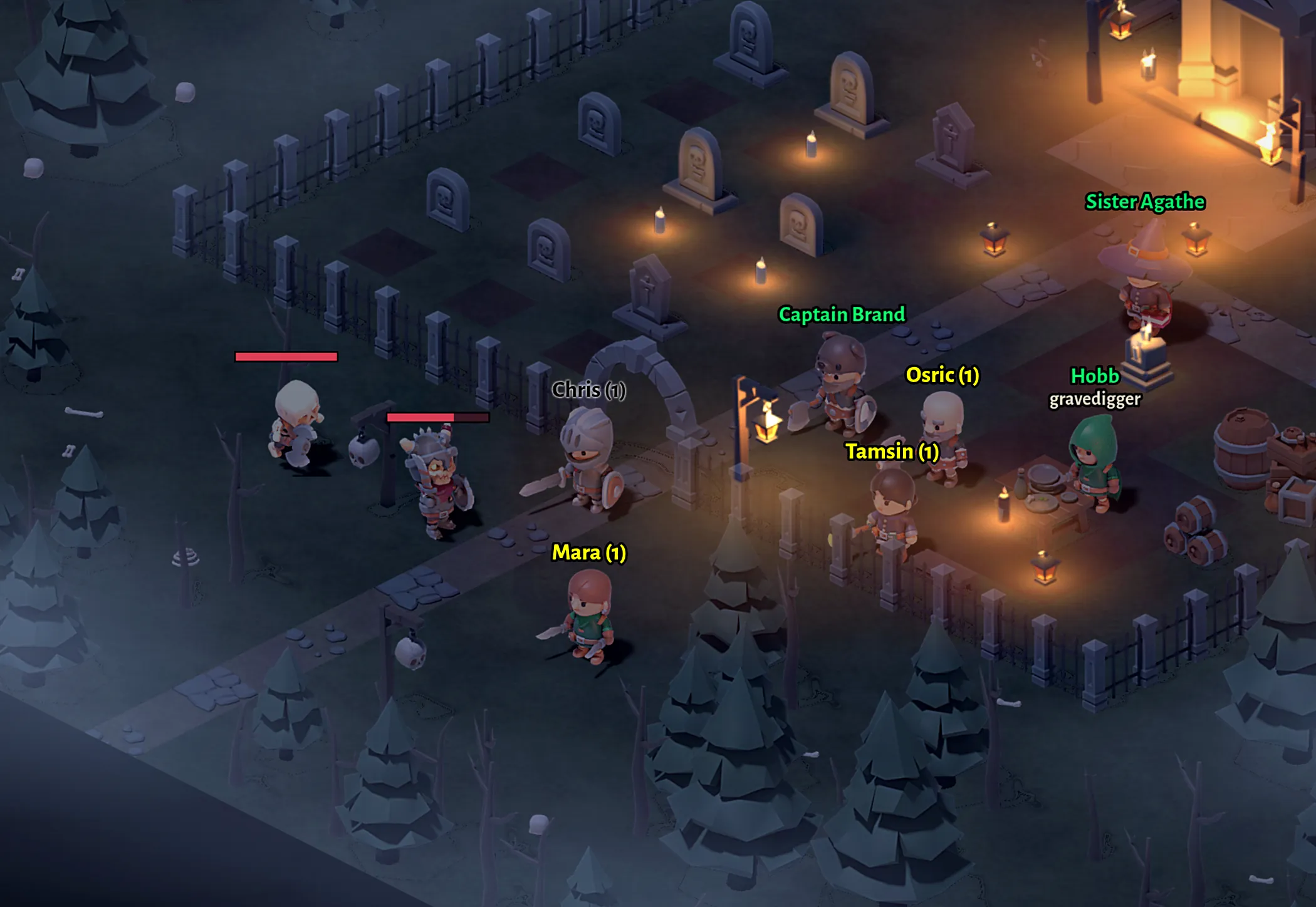 Players and Captain Brand hold a lantern-lit churchyard gate as skeletons close in, running in Aurkad